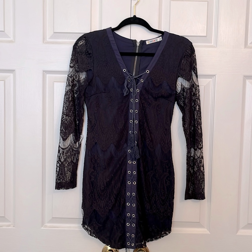 Dark blue lace tie up dress